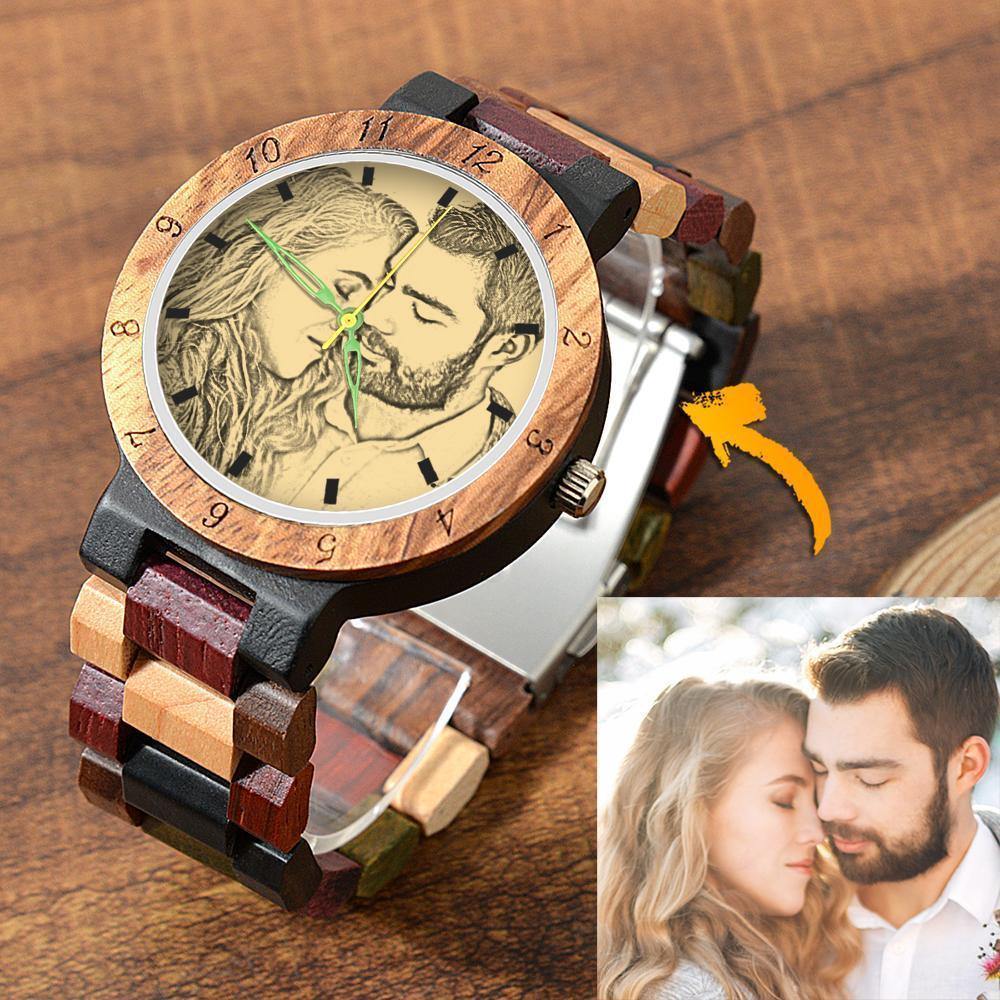 Photo Engraved Wooden, Photo Watch Wooden Strap 45mm Sketch Effect Colorful Wood for Men's - 