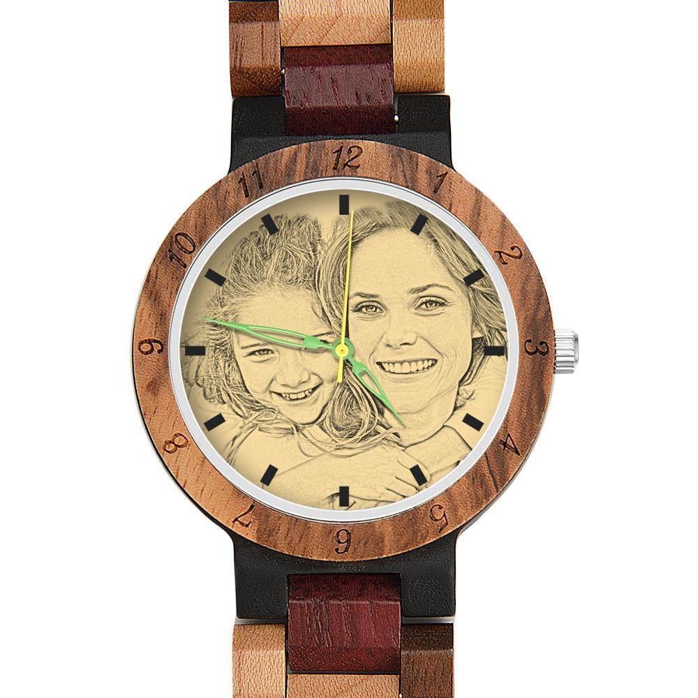 Engraved Wooden, Photo Watch Wooden Strap 38mm Sketch Effect Colorful Wood - Women's - 