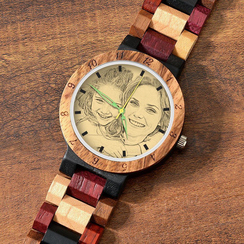 Engraved Wooden, Photo Watch Wooden Strap 38mm Sketch Effect Colorful Wood - Women's - 