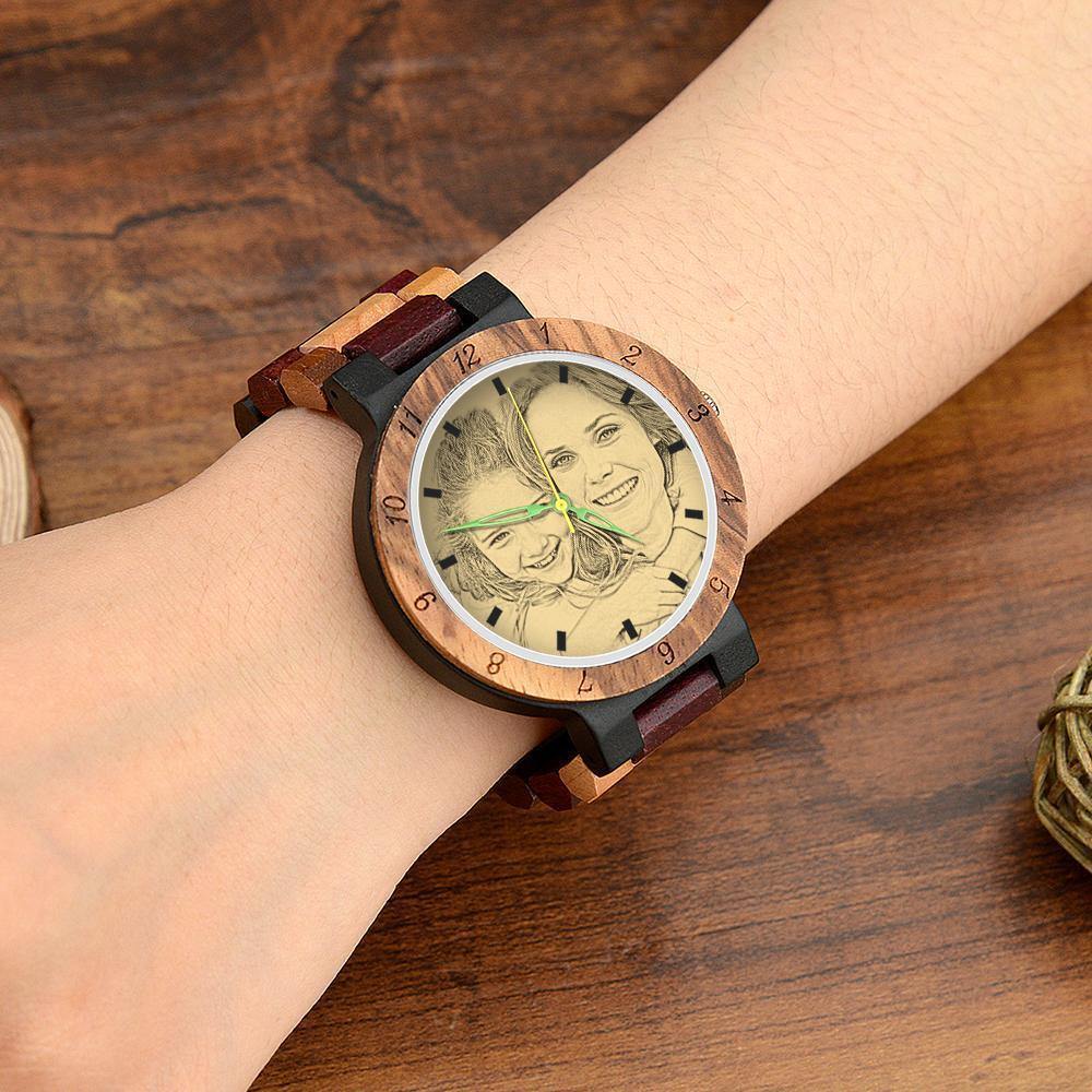 Engraved Wooden, Photo Watch Wooden Strap 38mm Sketch Effect Colorful Wood - Women's - soufeelus