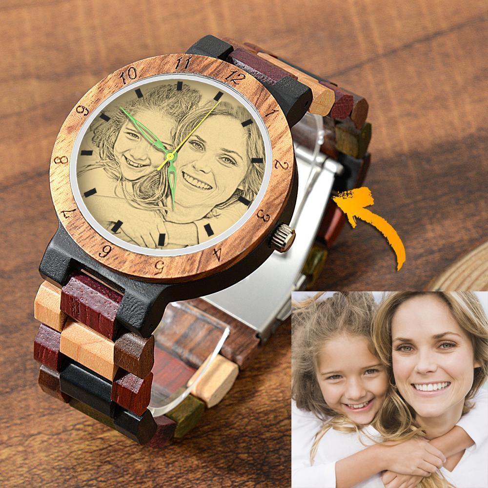 Engraved Wooden, Photo Watch Wooden Strap 38mm Sketch Effect Colorful Wood - Women's - 