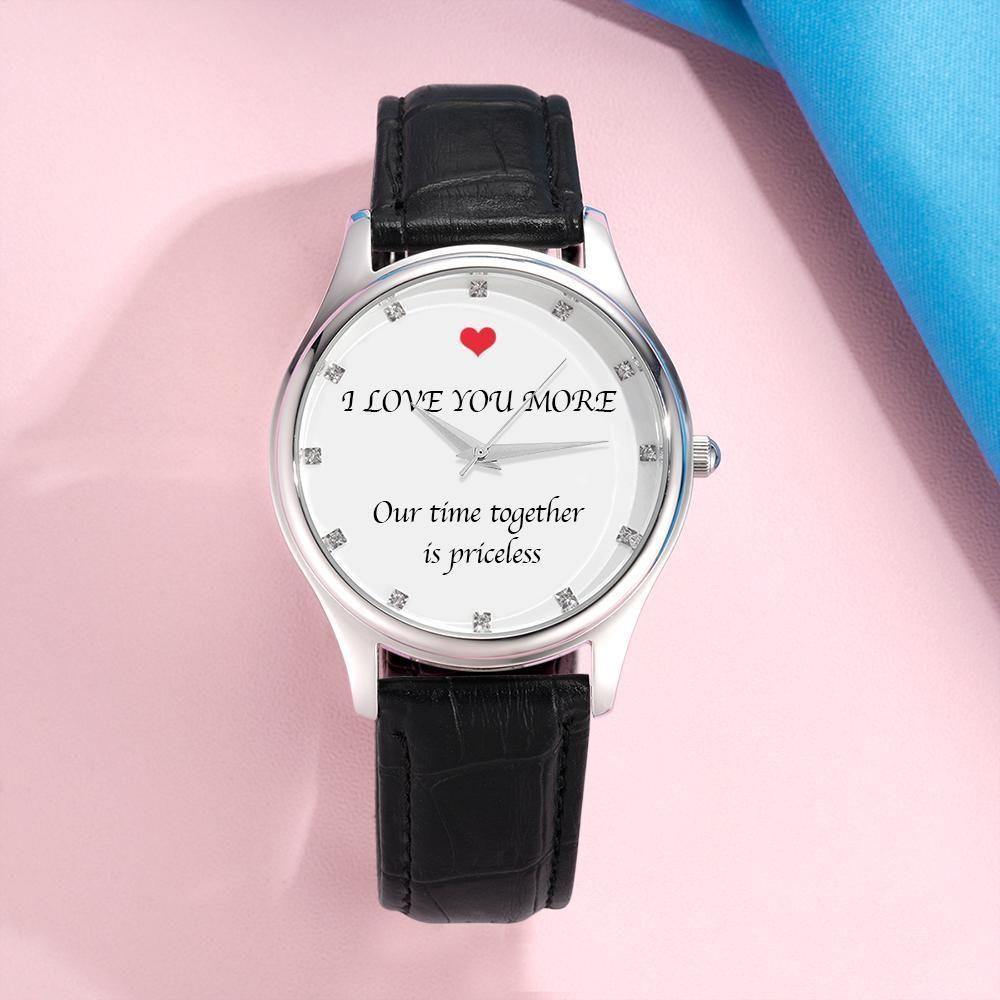 Custom Photo Engraved Watch with Little Heart for Her Black Leather Strap - 