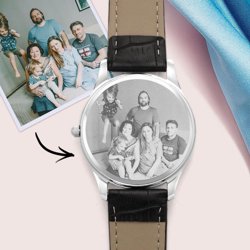 Custom Photo Engraved Watch with Little Heart Black Leather Strap for Men's - 