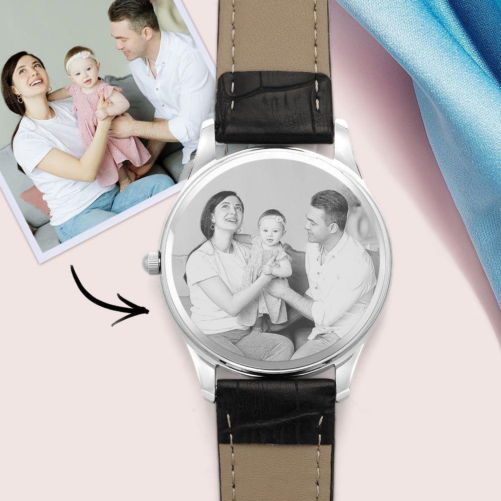 Custom Photo Engraved Watch with Little Heart for Her Black Leather Strap - 