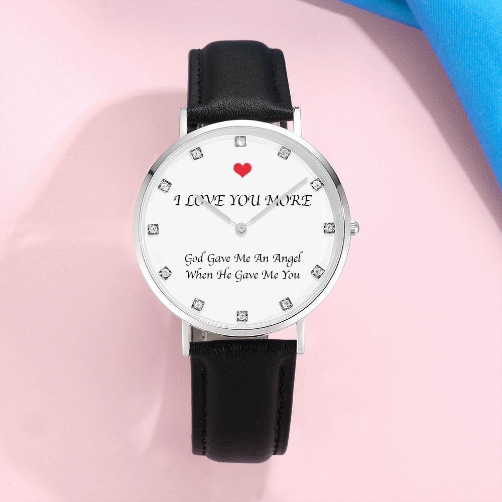 Custom Photo Engraved Watch Black Leather Strap Anniversary Gifts for Her - 