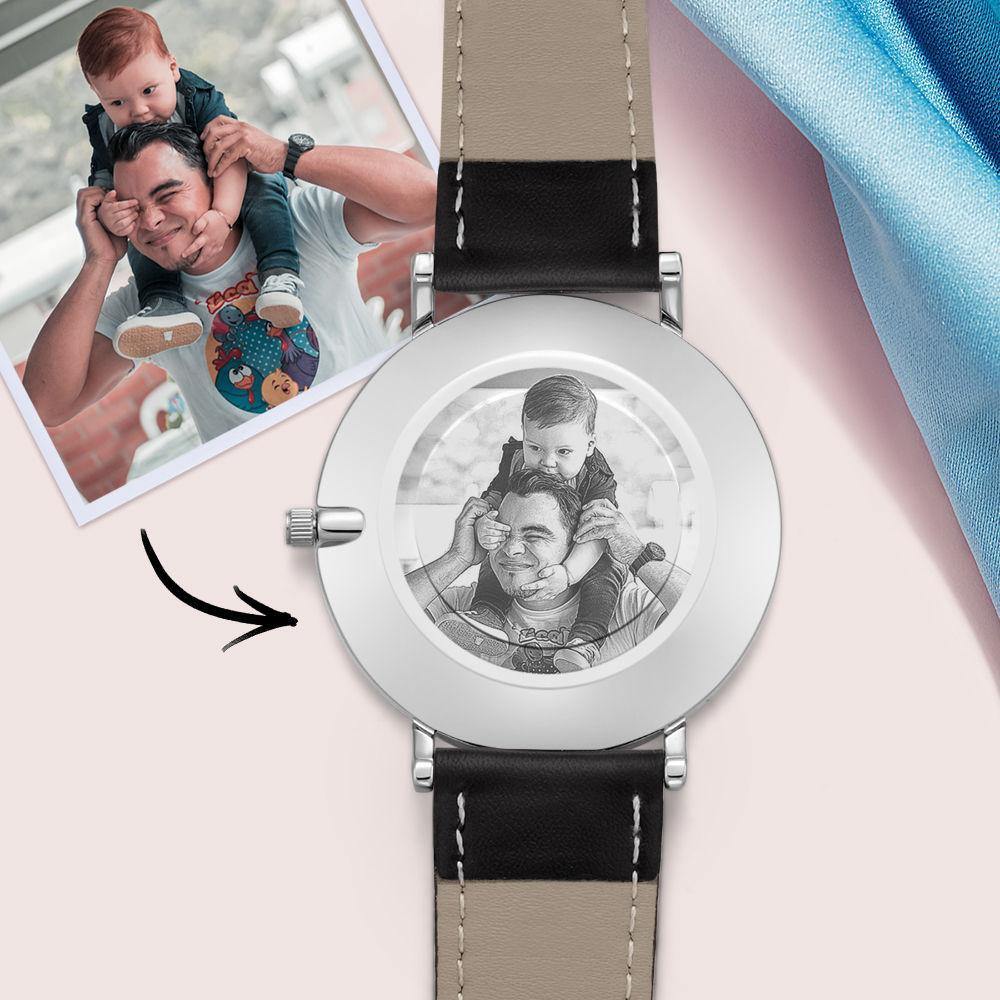 Custom Photo Engraved Watch Black Leather Strap Anniversary Gifts for Her - 