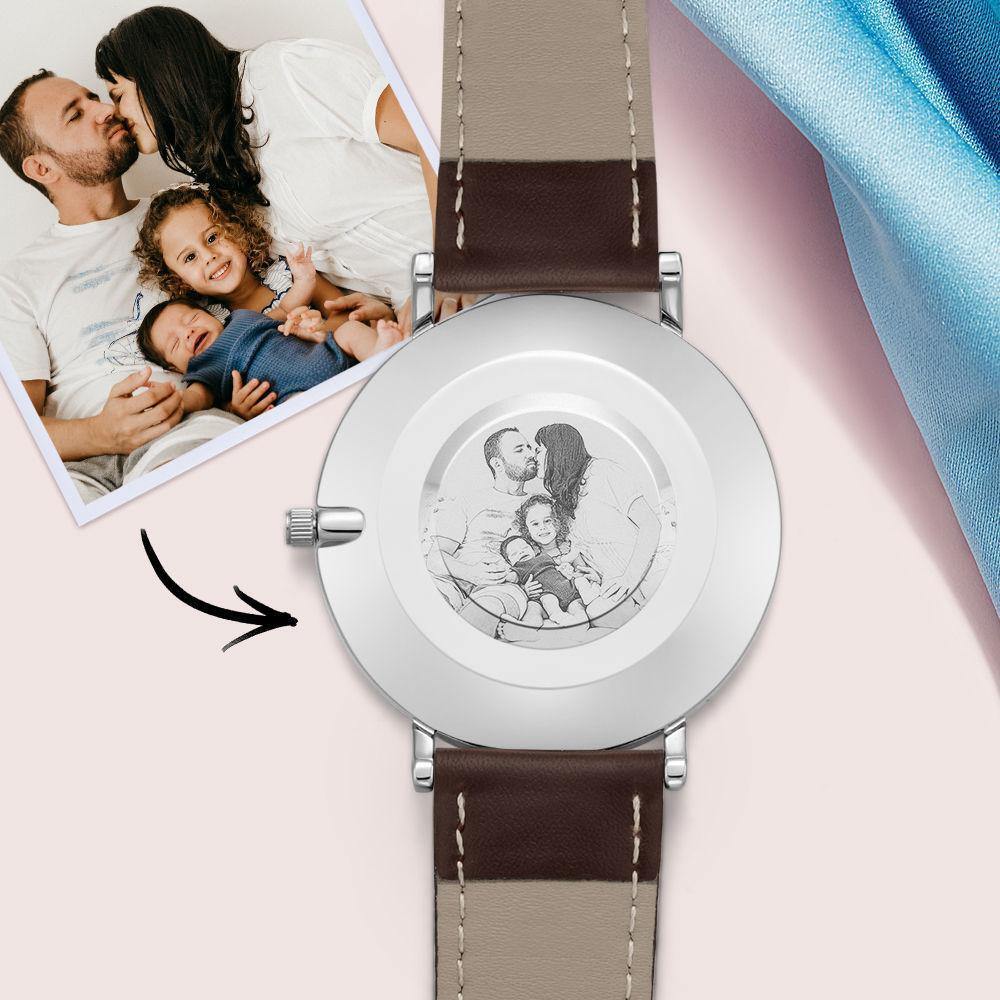 Personalized Photo Engraved Watch Brown Leather Strap Men's Gifts - 