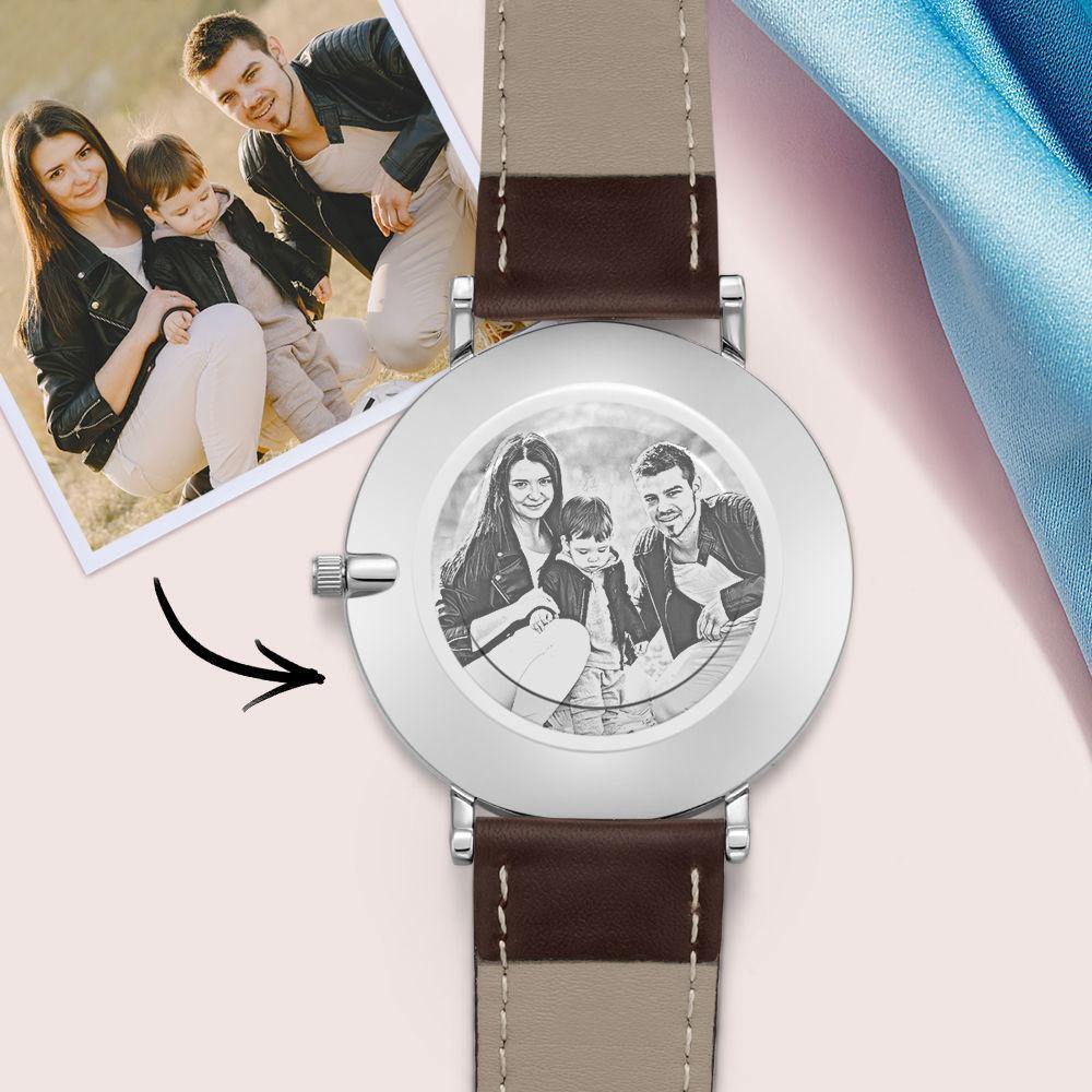 Custom Photo Engraved Watch Brown Leather Strap Unique Gifts for Her - 