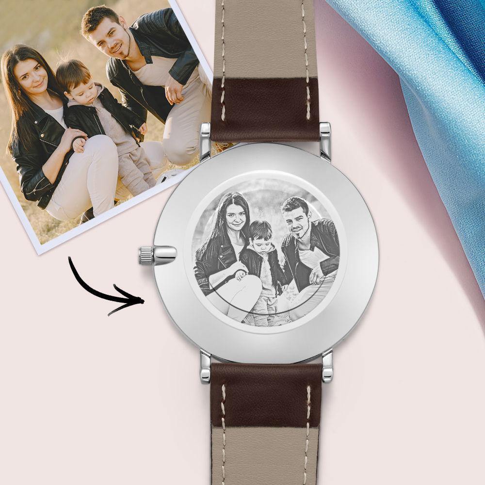 Custom Photo Engraved Watch Brown Leather Strap Unique Gifts for Her -