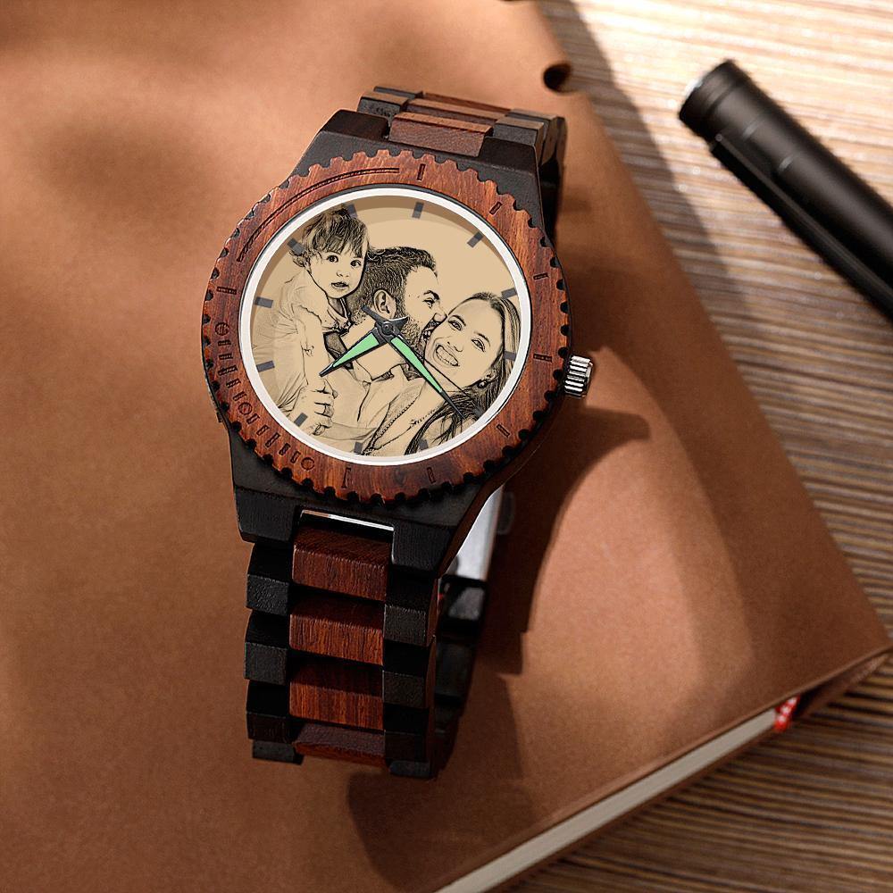 Personalized Watch Photo Engraved Wood Watches Anniversary Gifts for Him - 