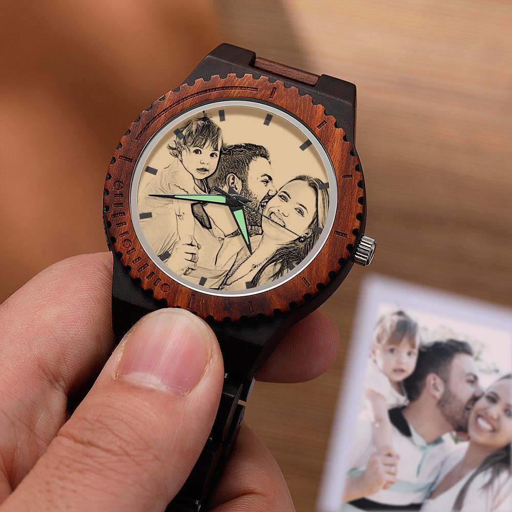 Personalized Watch Photo Engraved Wood Watches Anniversary Gifts for Him - 