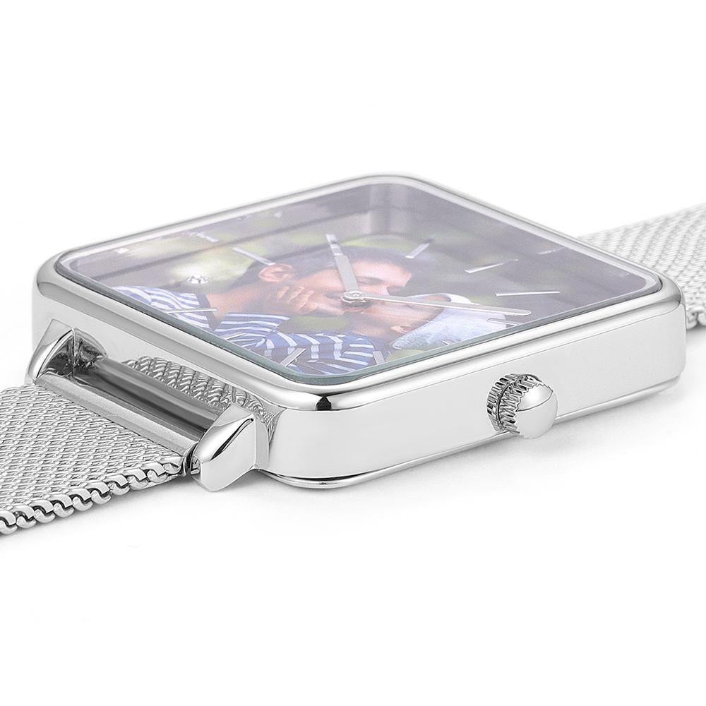 Custom Couple Watch Engraved Photo Watch - Silver Square Case Watch Men‘s - 
