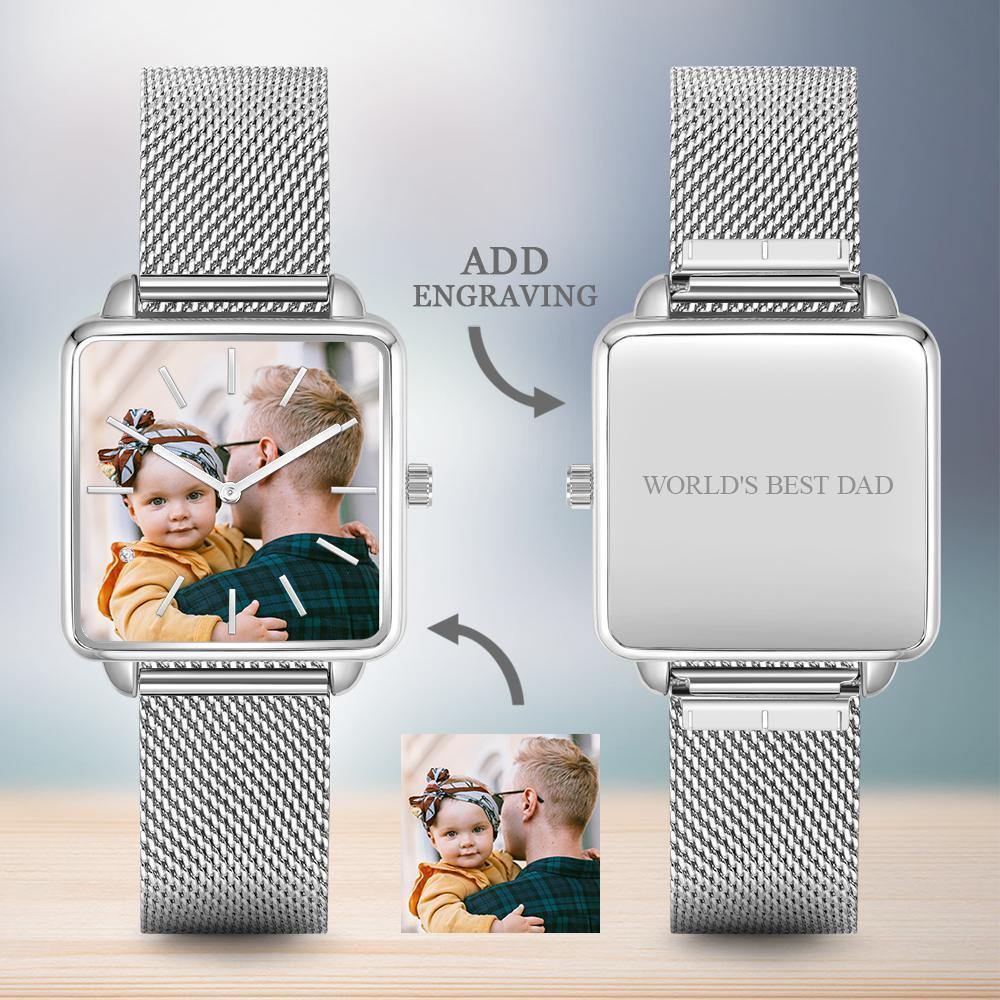 Custom Couple Watch Engraved Photo Watch - Silver Square Case Watch Men‘s - 