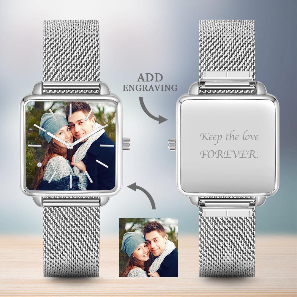 Custom Photo Watch with Engraving Back - Silver Square Case Watch for Women’s - 