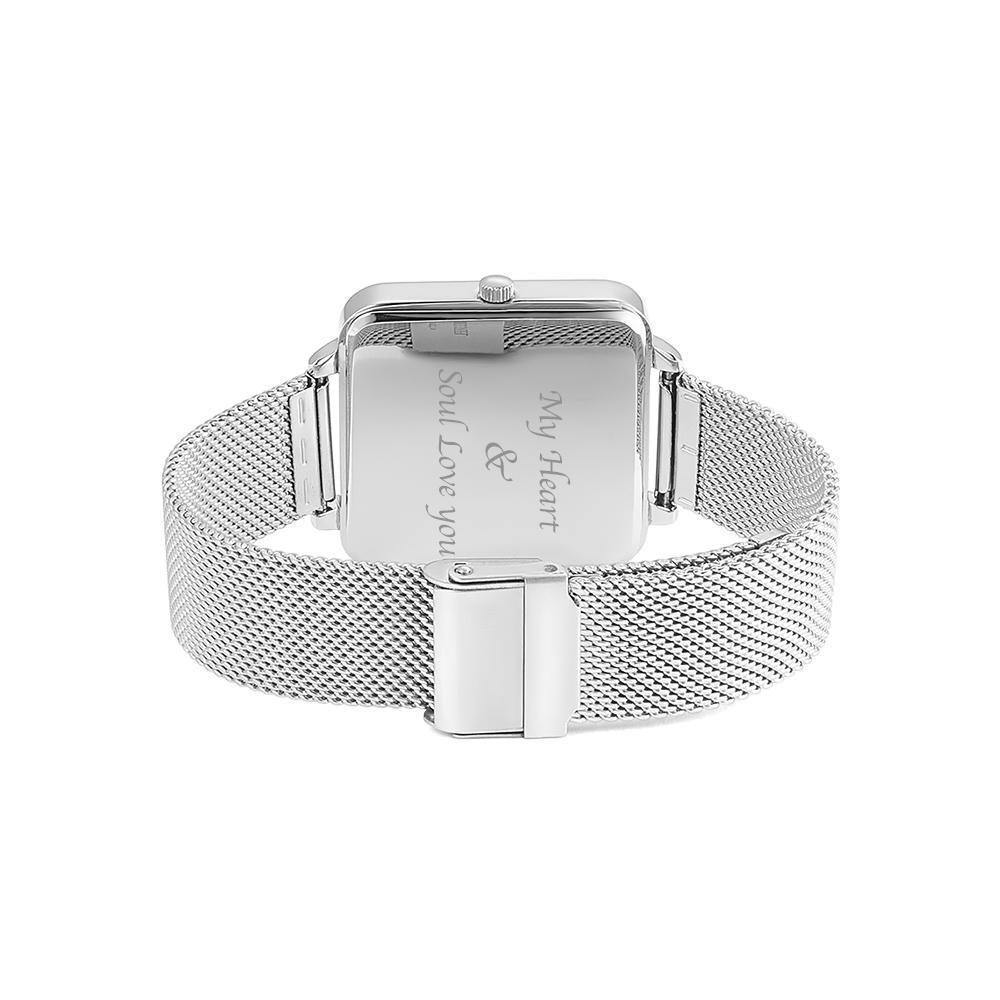 Engraved Photo Watch - Silver Square Case Watch Sketch for Boyfriend/Father - soufeelus