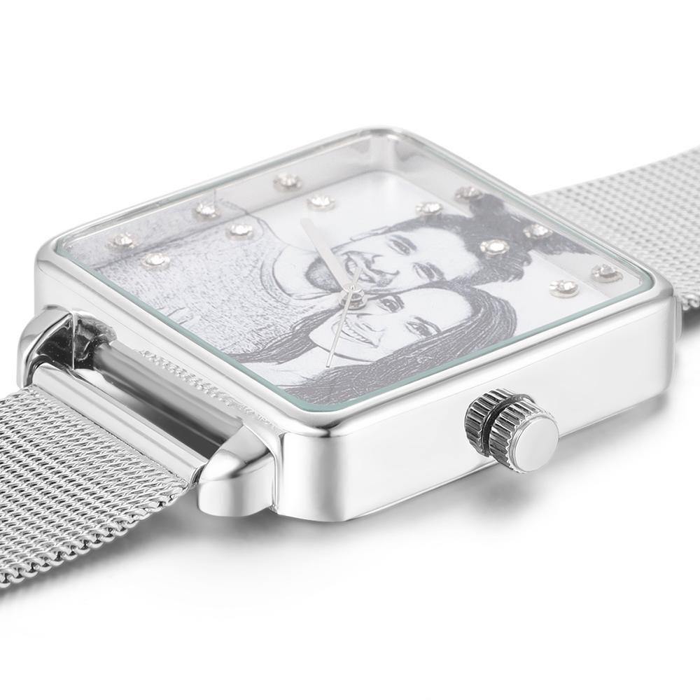 Photo Watch with Engraving - Silver Square Case Watch Sketch for Girlfriend -