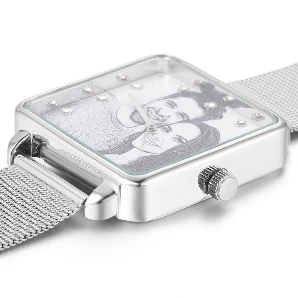 Photo Watch with Engraving - Silver Square Case Watch Sketch for Girlfriend - 