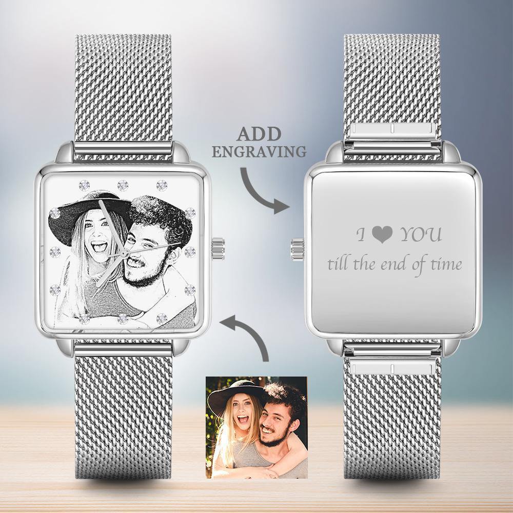 Engraved Photo Watch - Silver Square Case Watch Sketch for Boyfriend/Father - 