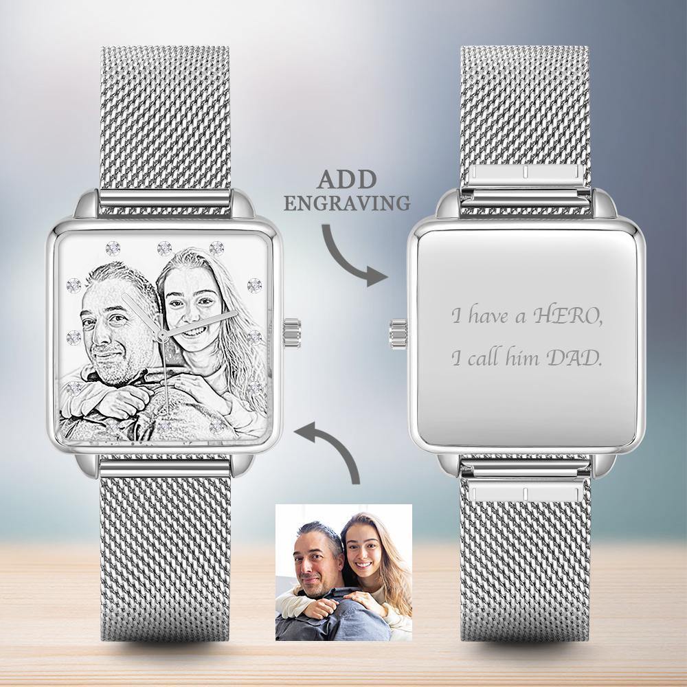 Photo Watch with Engraving - Silver Square Case Watch Sketch for Girlfriend - 
