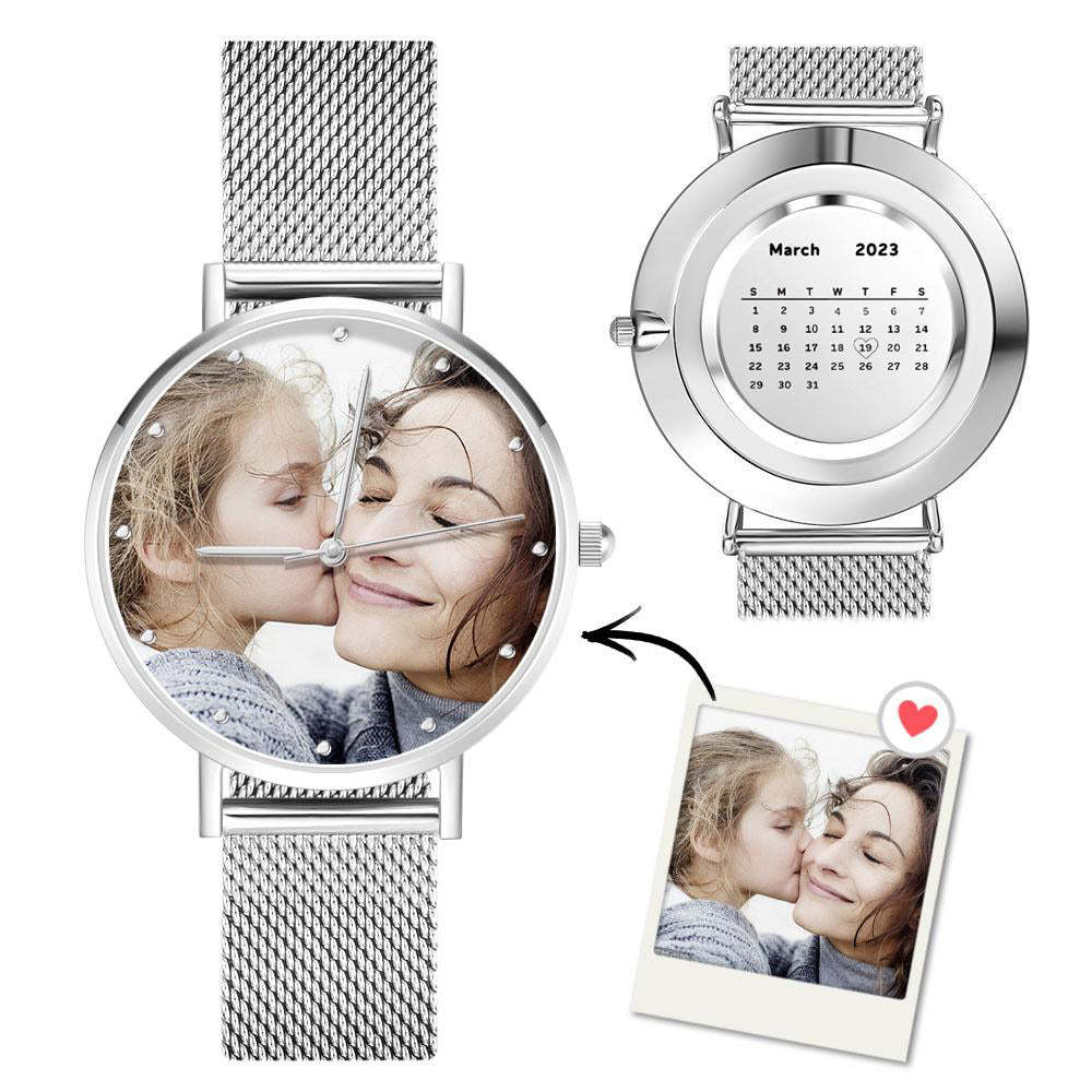 Women's Engraved Calendar Alloy Bracelet Photo Watch 36mm for Mom - soufeelmy