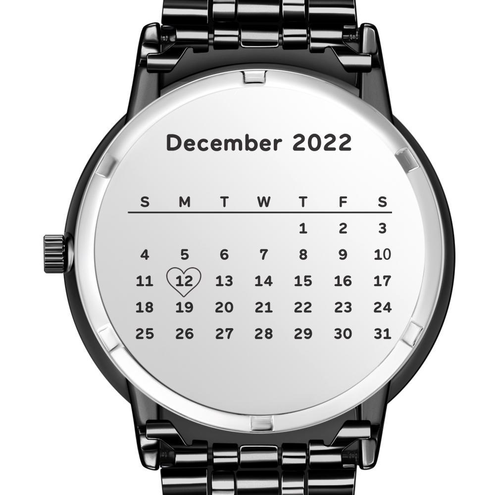 Men's Engraved Photo Watch Calendar Black Alloy Bracelet - soufeelmy