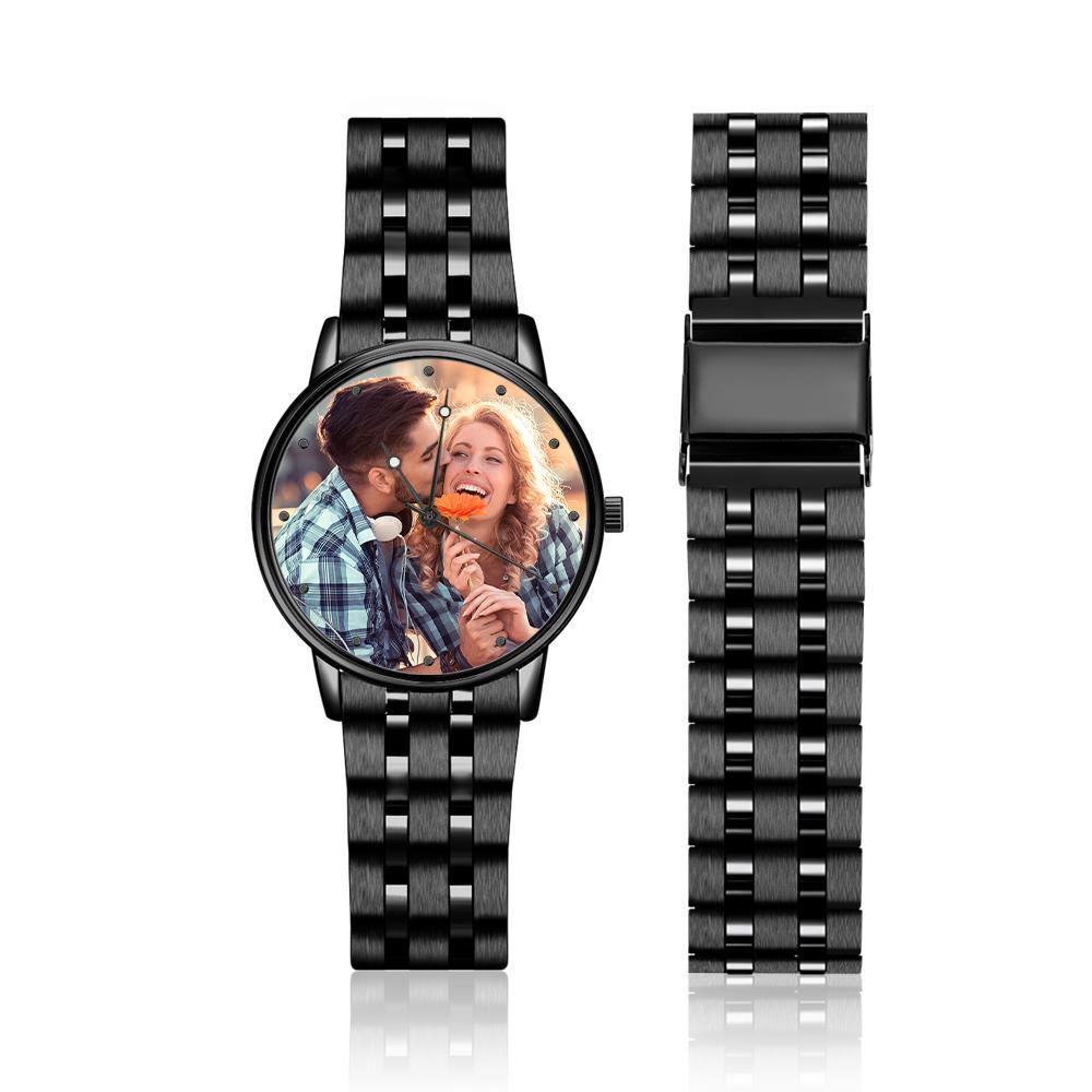 Men's Engraved Photo Watch Calendar Black Alloy Bracelet - soufeelmy