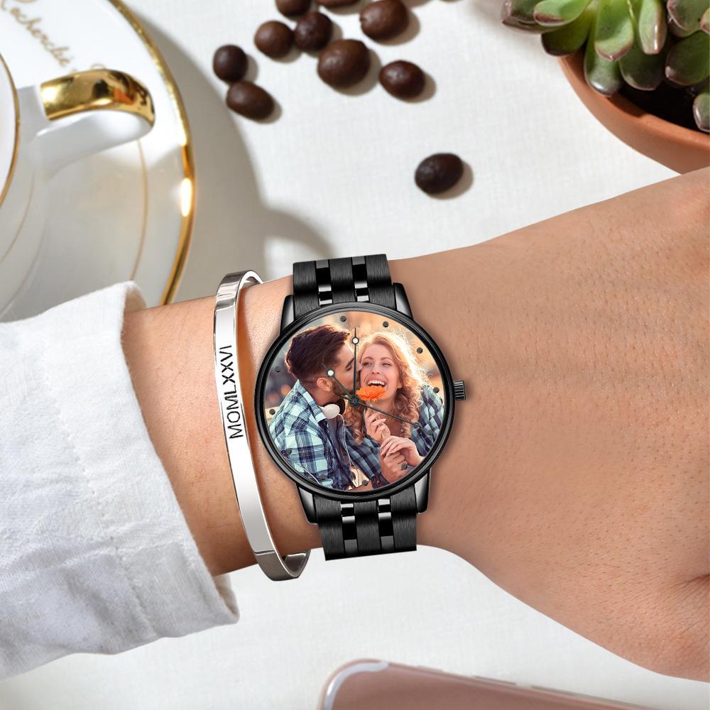 Men's Engraved Photo Watch Calendar Black Alloy Bracelet - soufeelmy