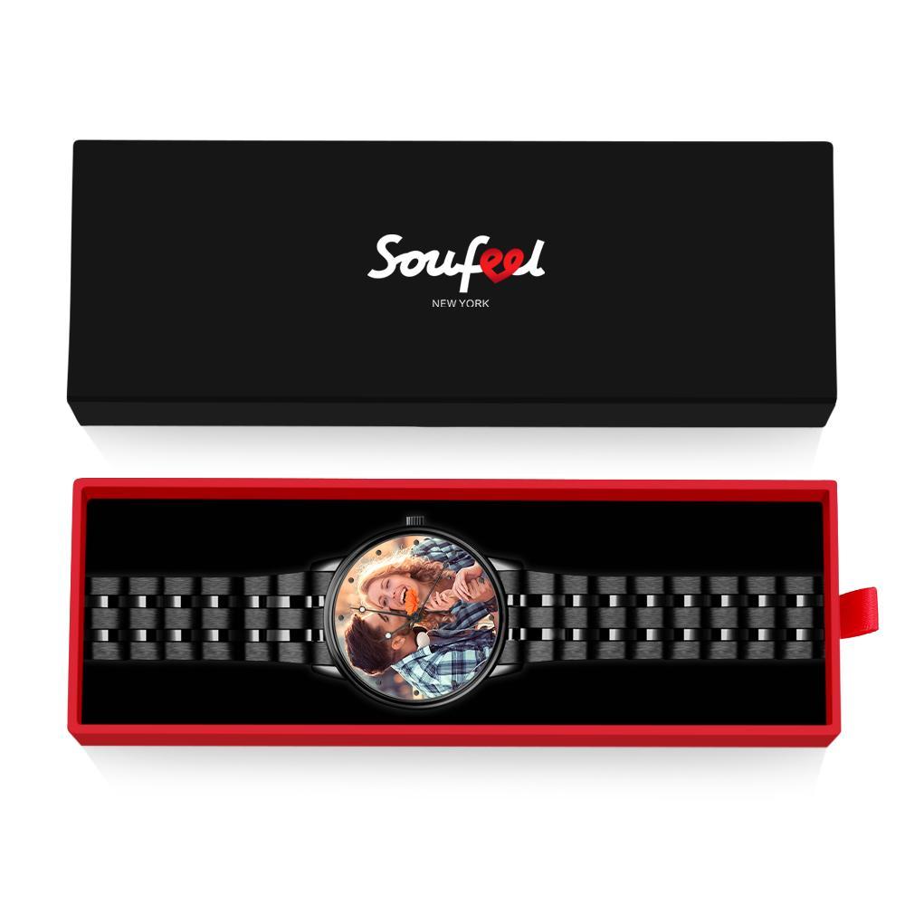 Men's Engraved Photo Watch Calendar Black Alloy Bracelet - soufeelmy