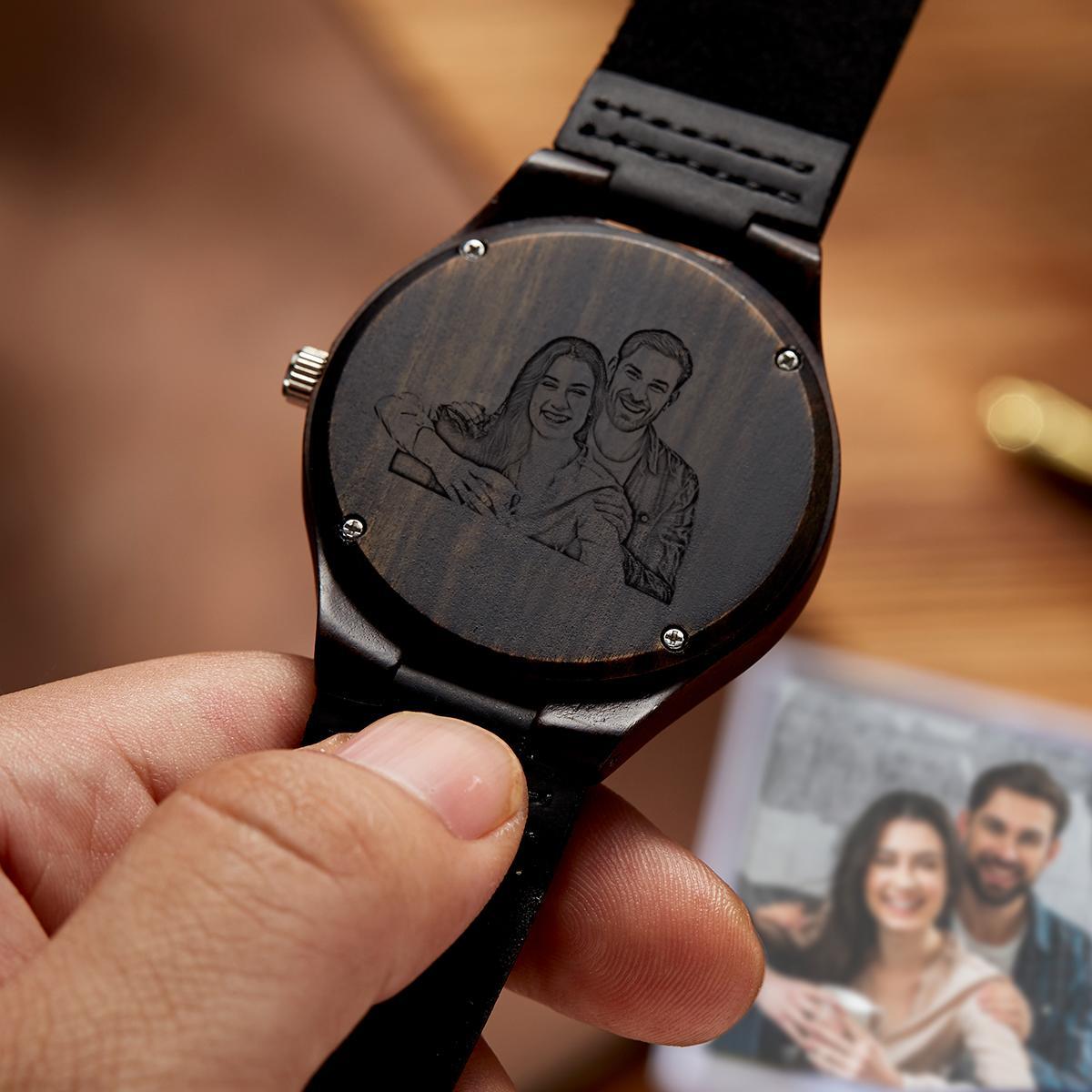 Custom Photo Watch Wooden Watch Leather Strap for Him - soufeelmy