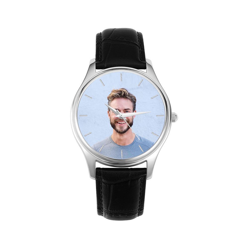 Custom Name Photo Watch 40mm Black Leather Strap Personalized Gift for Him - soufeelmy