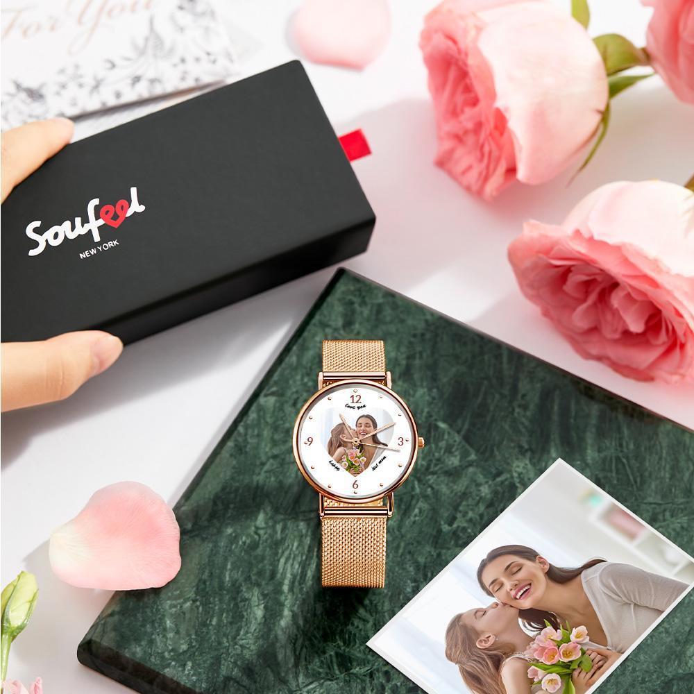 Engraved Rose Gold Alloy Bracelet Photo Watch 36mm Gifts for Mom - soufeelmy