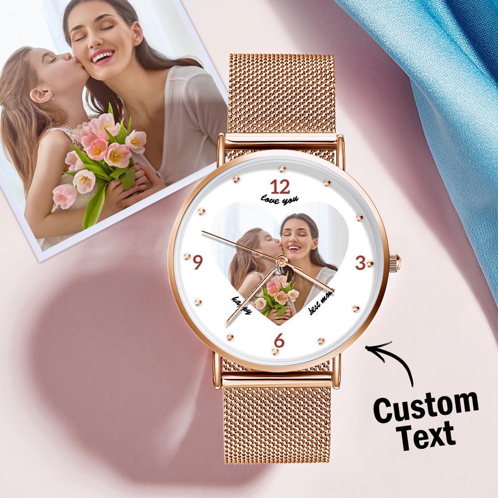 Engraved Rose Gold Alloy Bracelet Photo Watch 36mm Gifts for Mom - soufeelmy