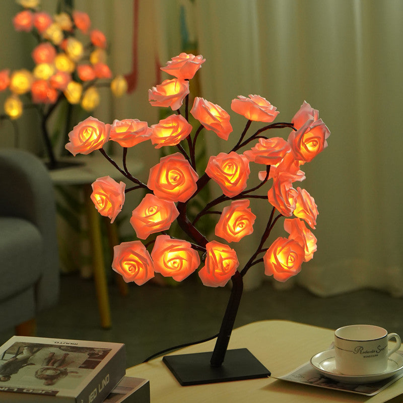LED Simulation Flower Rose Tree Light Decorative Night Light Anniversary Gift for Lover - Pink - soufeelmy