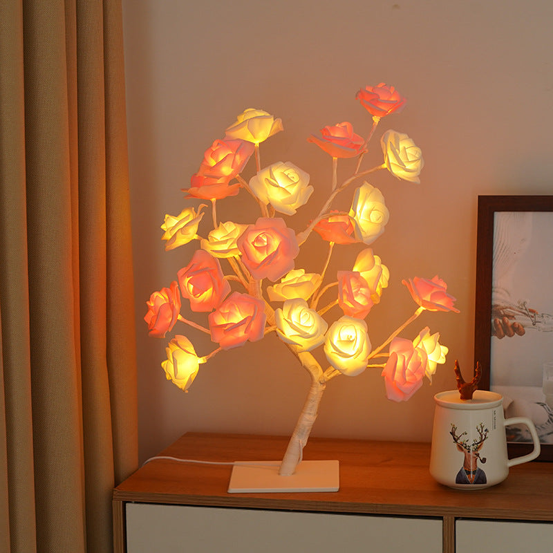 LED Simulation Flower Rose Tree Light Decorative Night Light Anniversary Gift for Lover - Pink & White - soufeelmy