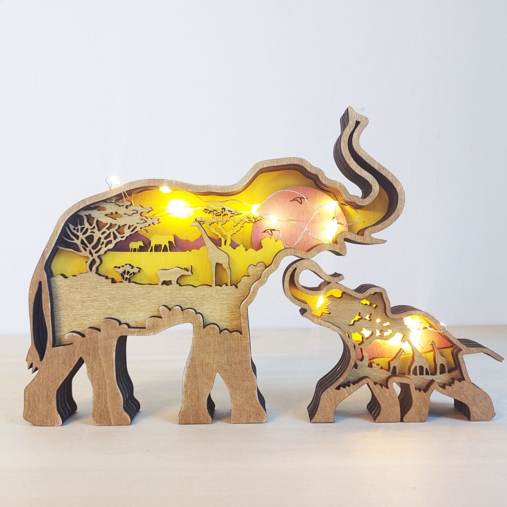 3D Wooden Elephant Light Wooden Carved Cute Animal Desktop Ornaments - soufeelmy