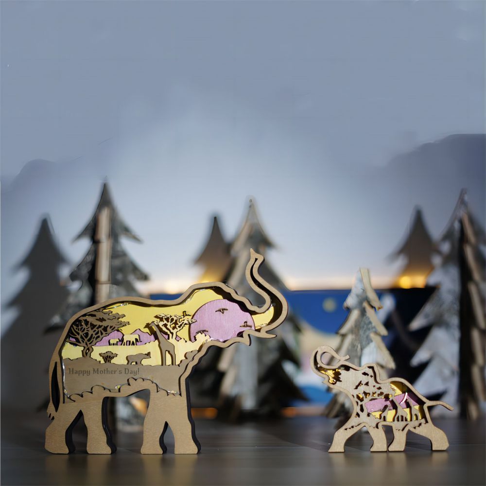 3D Wooden Elephant Light Wooden Carved Cute Animal Desktop Ornaments - soufeelmy