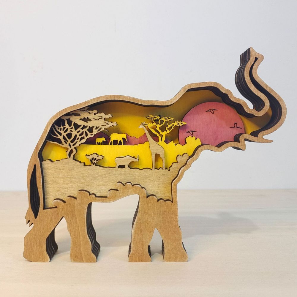3D Wooden Elephant Light Wooden Carved Cute Animal Desktop Ornaments - soufeelmy