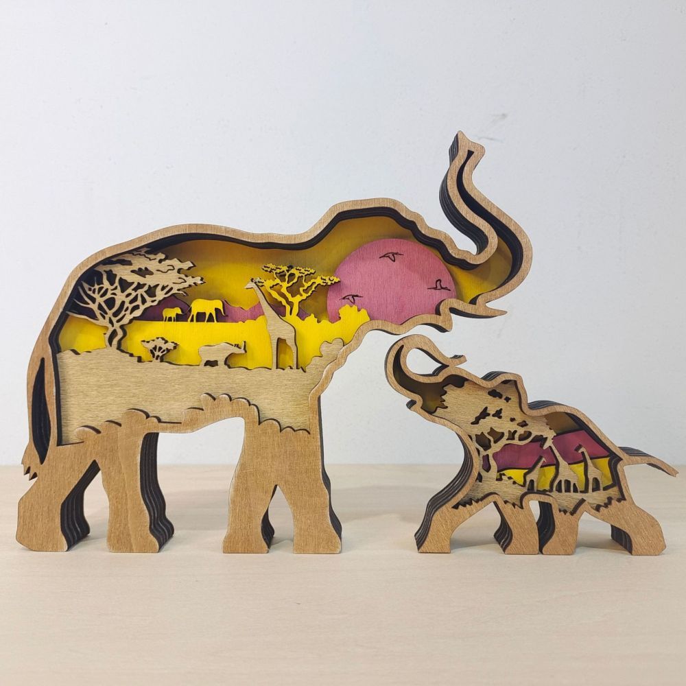 3D Wooden Elephant Light Wooden Carved Cute Animal Desktop Ornaments - soufeelmy