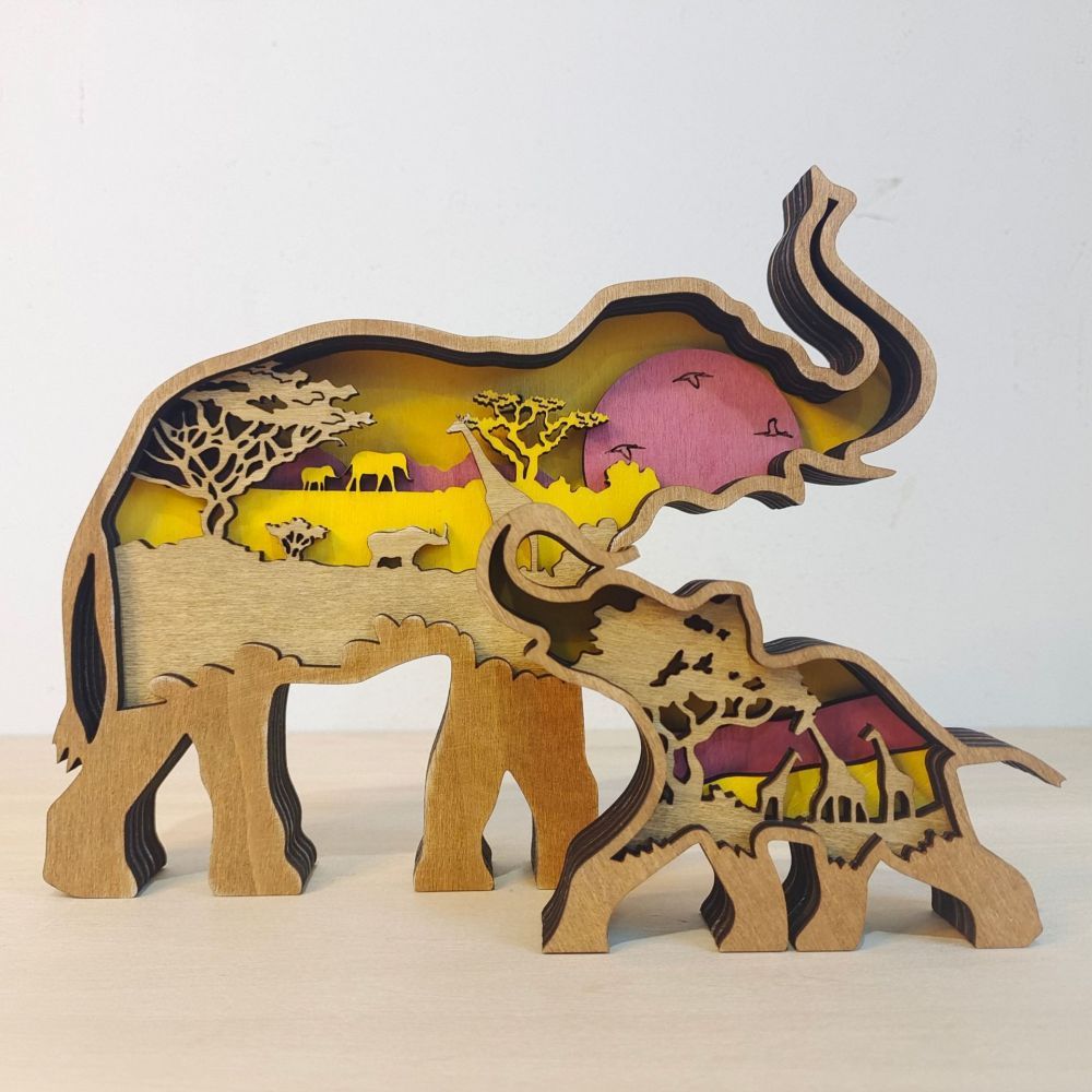 3D Wooden Elephant Light Wooden Carved Cute Animal Desktop Ornaments - soufeelmy