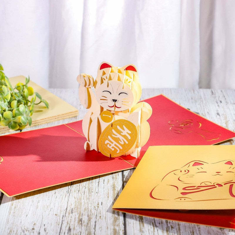 Lucky Cat Greeting Card Handmade 3D Three-dimensional Greeting Card - 