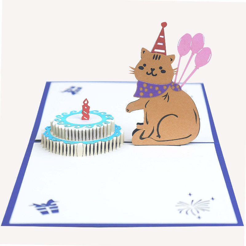 Cat Birthday Card 3D Pop-up Greeting Card Creative Cake Gift Card - 