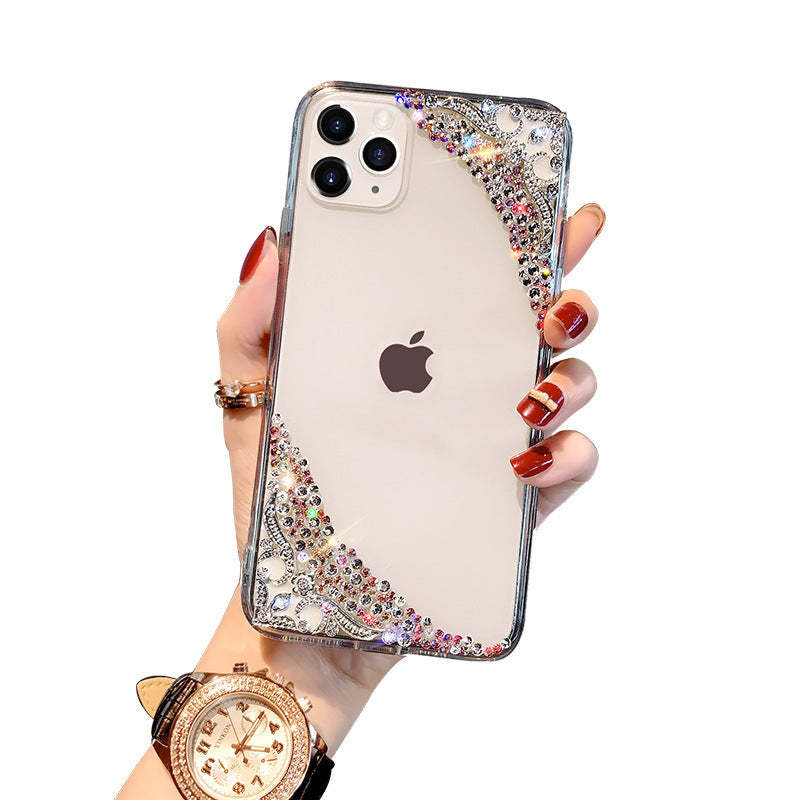 Rhinestone iPhone Case Transparent Diagonal Flowers Phone Protective Cover - soufeelmy