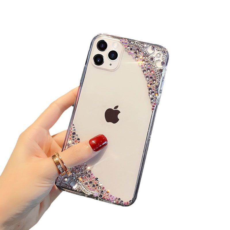 Rhinestone iPhone Case Transparent Diagonal Flowers Phone Protective Cover - soufeelmy