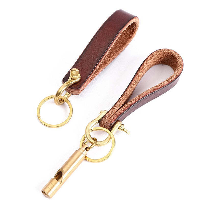 Vintage Leather Car Keychain with Survival Whistle Gift for Men - soufeelmy