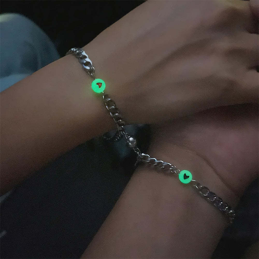 Couple Bracelet Magnet Stainless Steel Chain with Luminous Heart Birthday Gifts Lovers Boyfriend Girlfriend Him Her BFF 2 PCs - soufeelmy