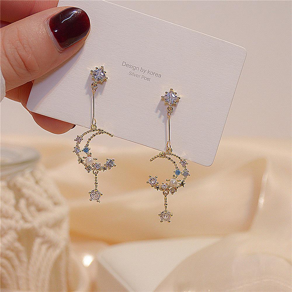 Moon and Star Celestial Pearl Night Sky Drop Earrings - soufeelmy