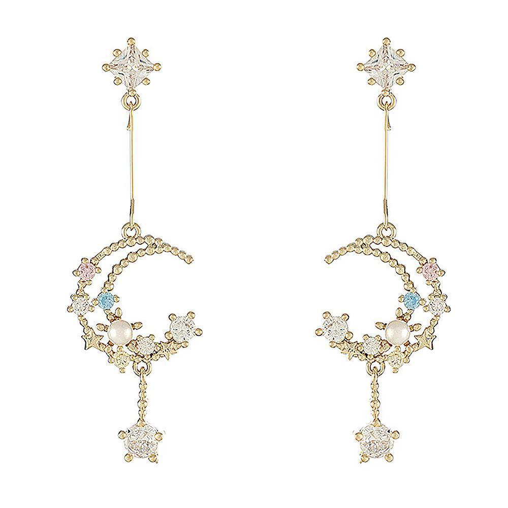 Moon and Star Celestial Pearl Night Sky Drop Earrings - soufeelmy