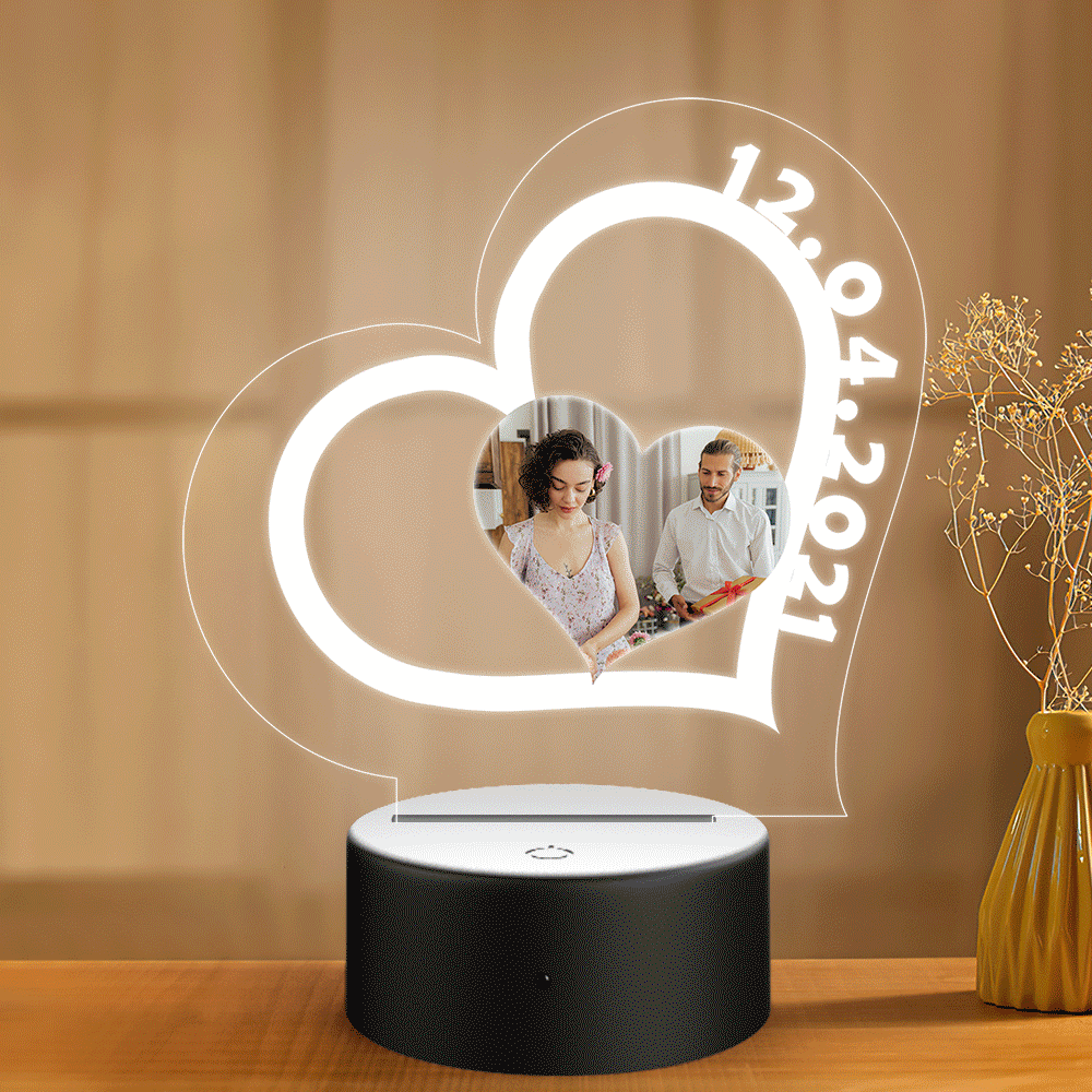 Custom Photo and Date Heart-shape Night Light Personalized Gifts 3D Illusion Heart-shape - 