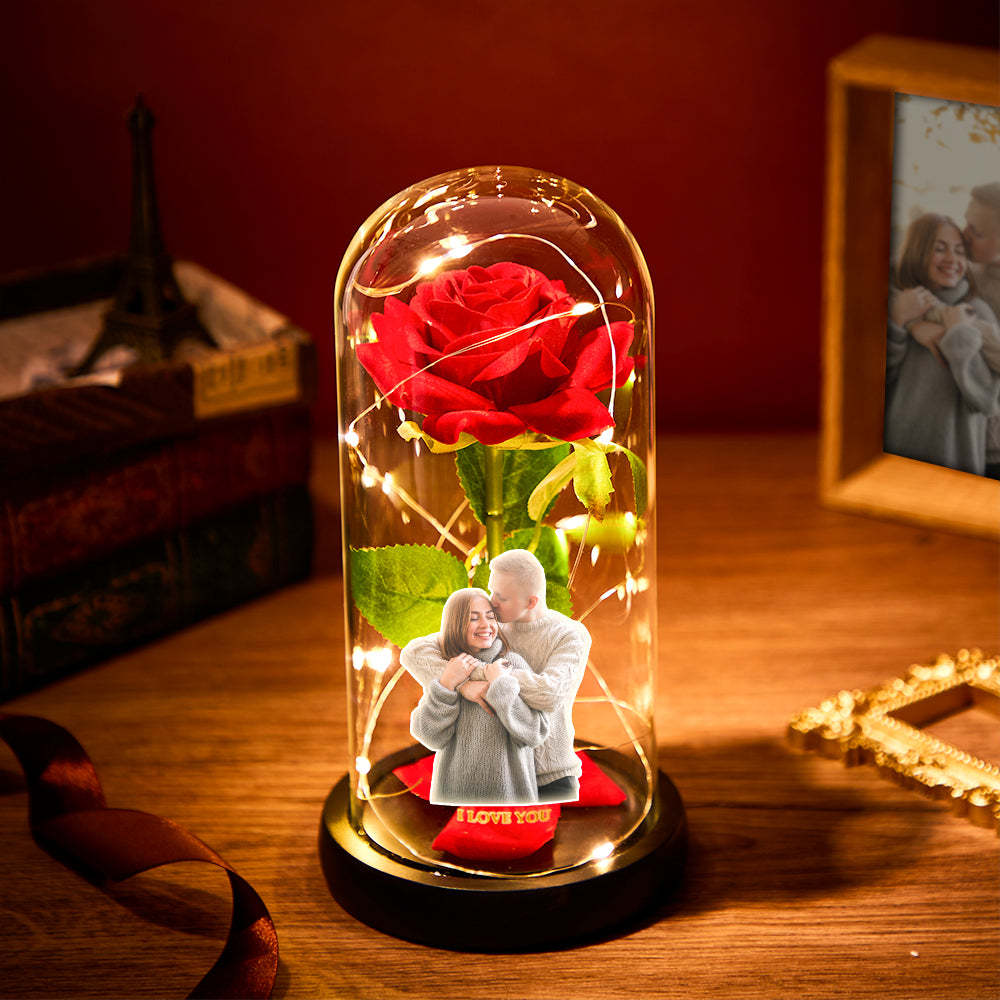 Custom Photo Text Eternal Rose Flower LED Night Light Romantic Simulation Eternal Rose Flower Glass Cover for Anniversary and Valentine's Day - soufeelmy