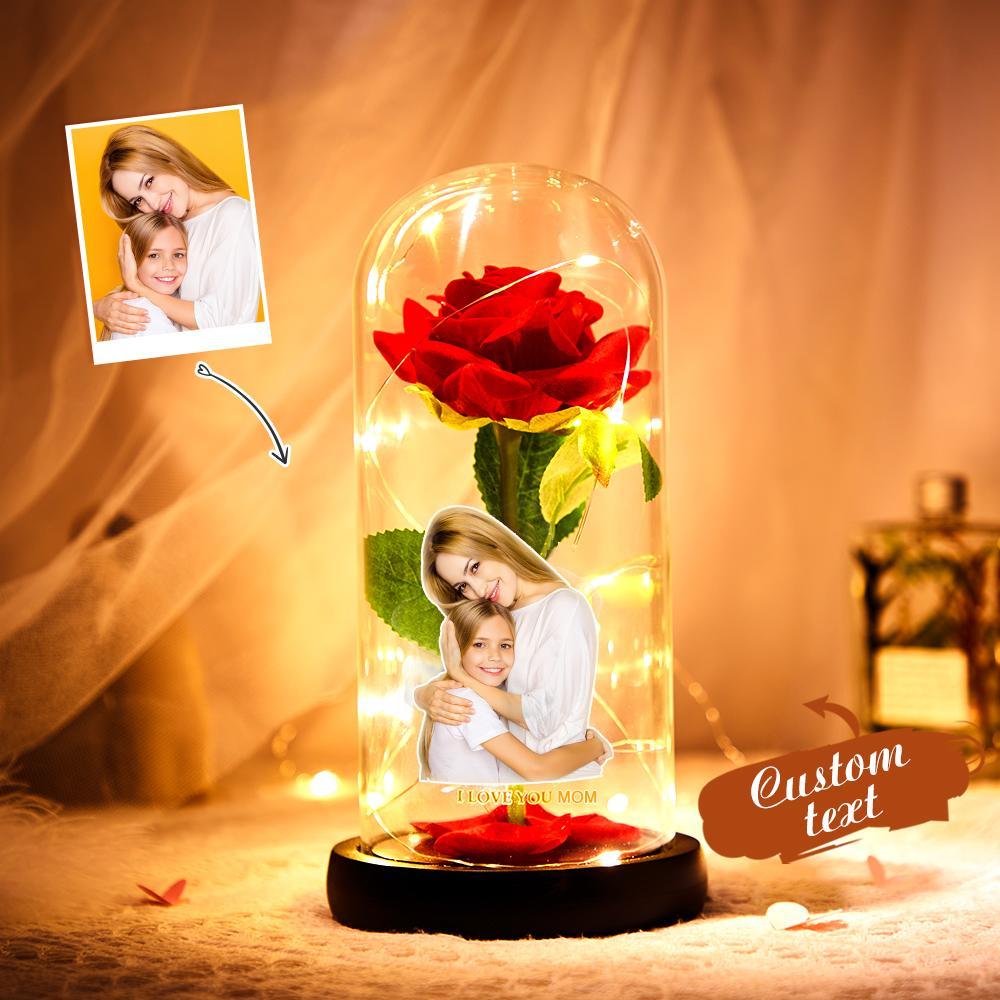 Custom Photo Text Eternal Rose Flower LED Night Light Romantic Simulation Eternal Rose Flower Glass Cover for Mother's Day - soufeelmy